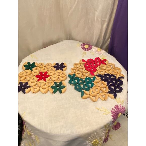 Set of 2, Vintage Wooden Beaded Trivets/Hot Pads, 1 round(ish), 1 rectangular. - Picture 1 of 12